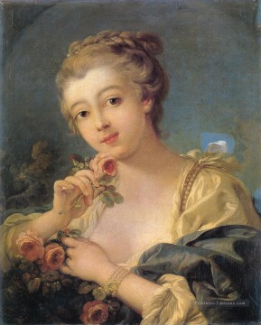 François Boucher œuvres - Jeune femme au bouquet de roses François Boucher